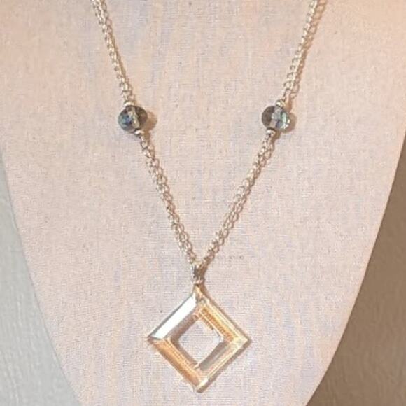 Cut Out Diamond Shape Pendant with Blue AB Crystal Beads on Silver Tone Necklace - Picture 2 of 10